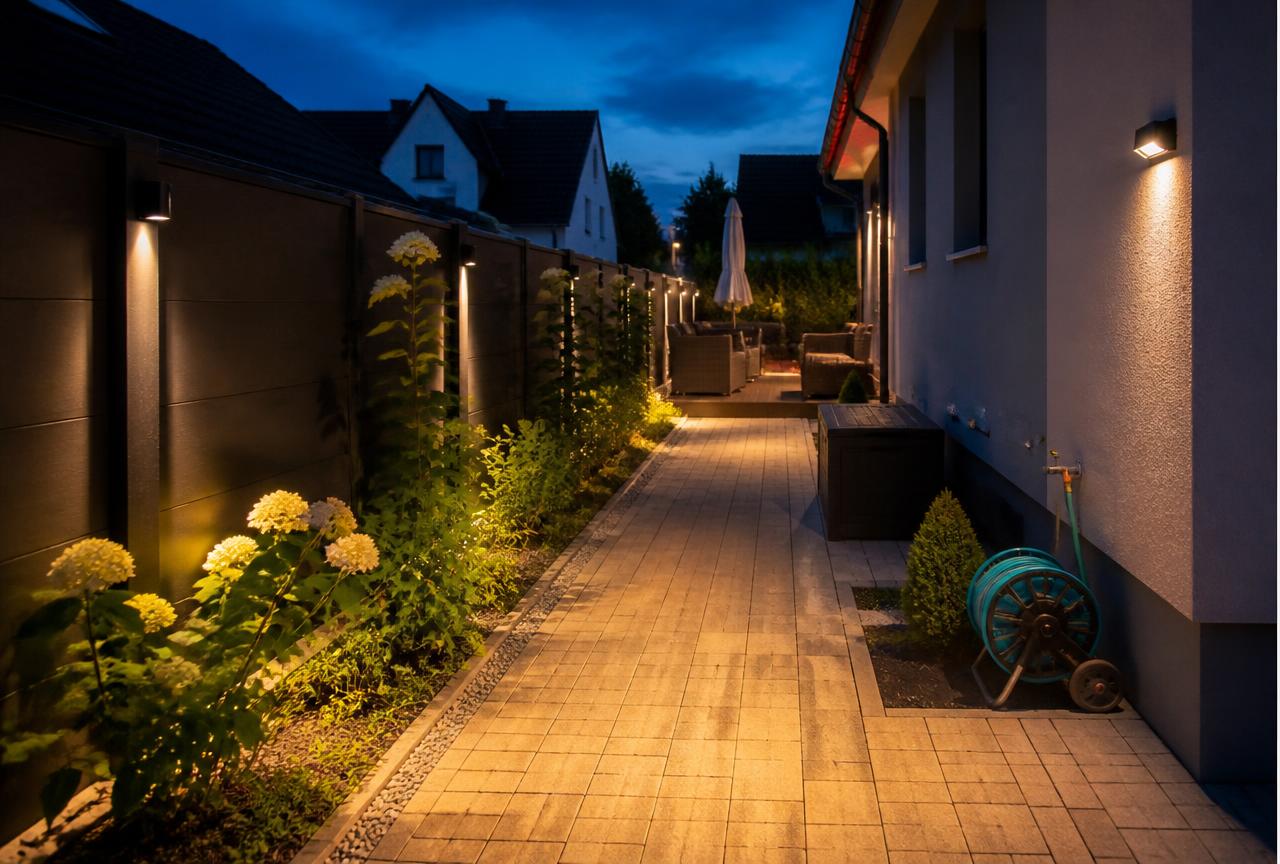 Gartenweg und Terrasse abends von kleinen schwarzen Solarleuchten an Zaun und Hauswand beleuchtet