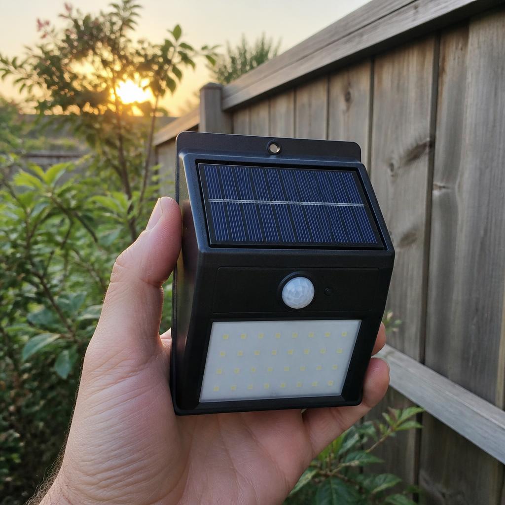 Hand hält eine kleine schwarze Solar-LED-Außenleuchte mit Solarmodul und Bewegungssensor vor einem Holzzaun
